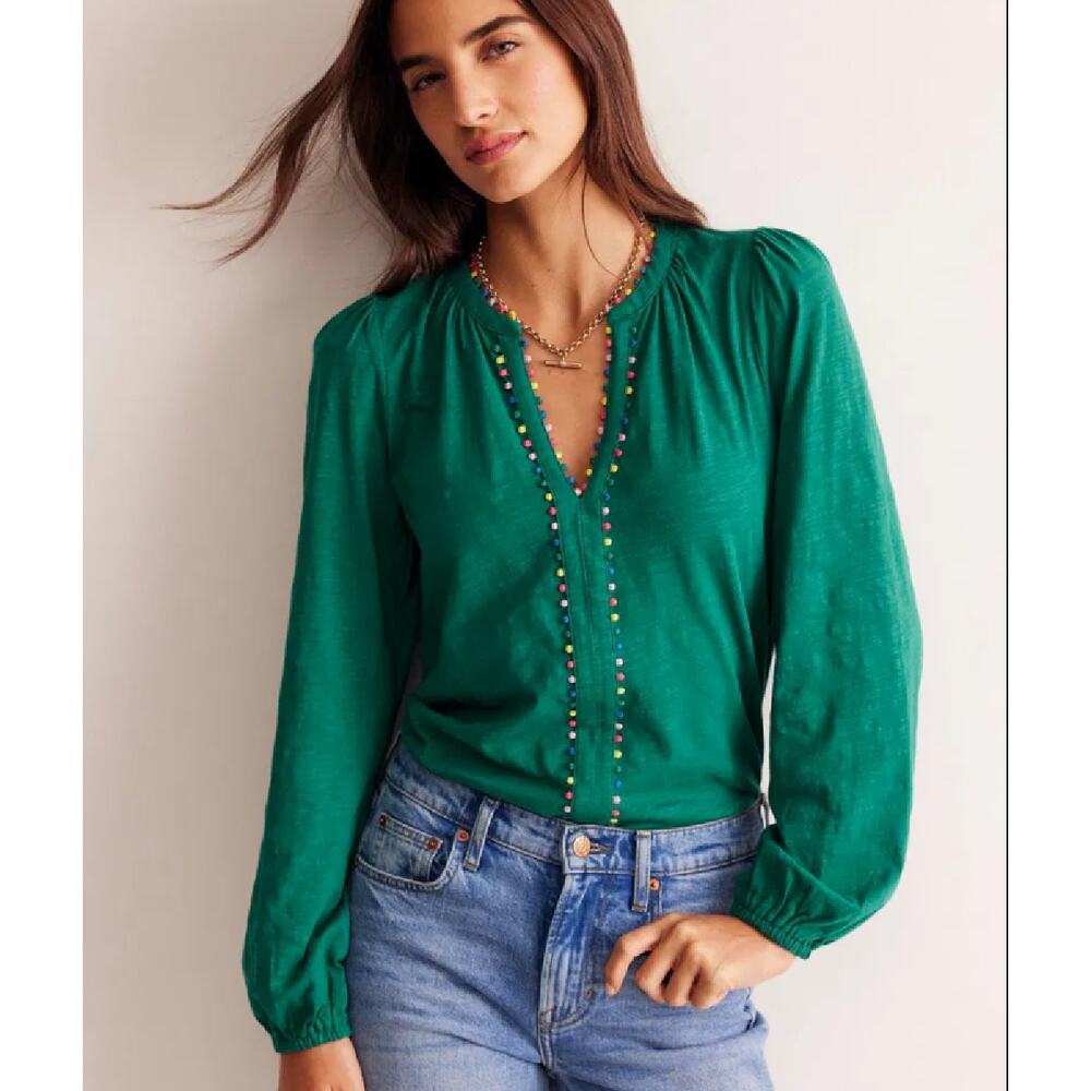 BODEN Ali Pom Pom Top Size 8 Green Preppy Long Blouson Sleeves